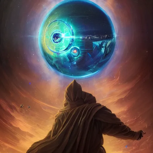 Image similar to the creator of worlds wearing a cloak and holding a holographic planet projection in his hand, detailed, sci - fi, digital painting, artstation, sharp focus, illustration, ominous, artgerm, tomasz alen kopera, peter mohrbacher, donato giancola, joseph christian leyendecker, wlop, frank frazetta