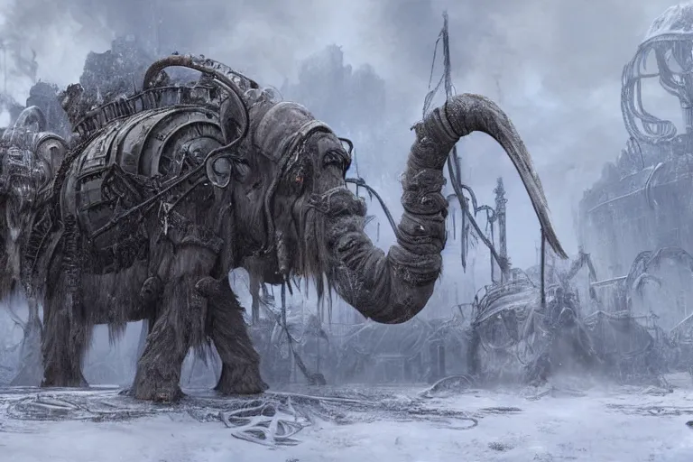 Prompt: a giant steampunk mammoth, post - apocalyptic ice landscape in snowstorm, concept art by hr giger, hyper detailed, unreal engine