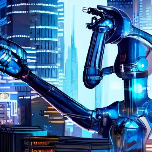 Image similar to !dream A beautiful cyberpunk woman, with bright blue eyes and a silver robotic arm, in a dark and gritty cityscape.