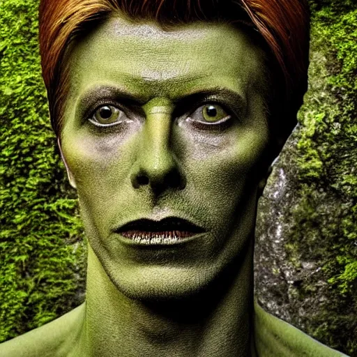 Image similar to Award-winning photograph by Mar Mann. The photo depicts a gigantic decaying roman bust of David Bowie overgrown with moss at the middle of a rainforest. Minimalism, high definition, perfect composition. Very dark. Volumetric Lighting. Darkness. Ruins