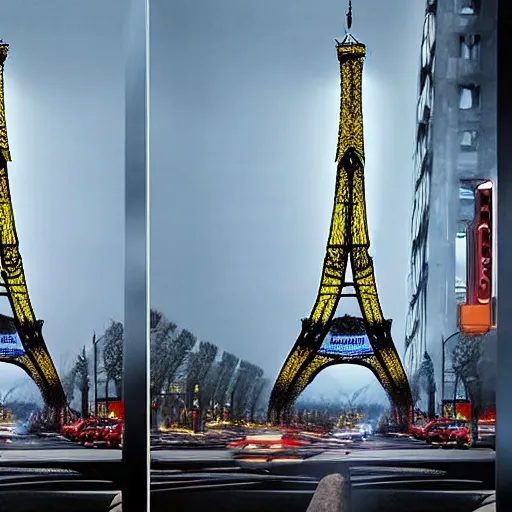 Image similar to A beautiful intricate 8K award-winning cinematic movie photograph of the future Eiffel Tower completely covered in billboards in the year 2043, by Bruno Delbonnel