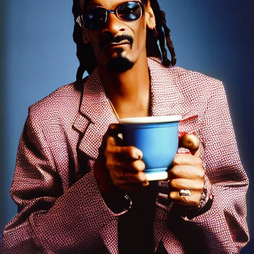 Prompt: Snoop Dogg holding a coffee cup for a 1990s sitcom tv show, Studio Photograph, portrait, C 12.0