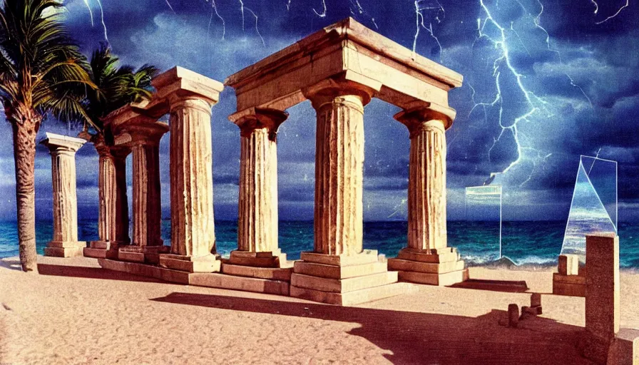 Image similar to A 1985 vintage magazine architecture photo of a beach doric temple, mediterranean architecture, refracted lines and sparkles, thunderstorm outside, beach on the background major arcana sky and occult symbols, hyperrealistic, award-winning, 1985