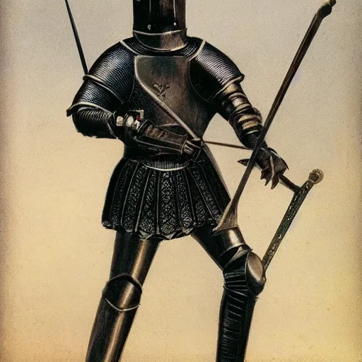 Prompt: a picture of a knight wielding a machine gun