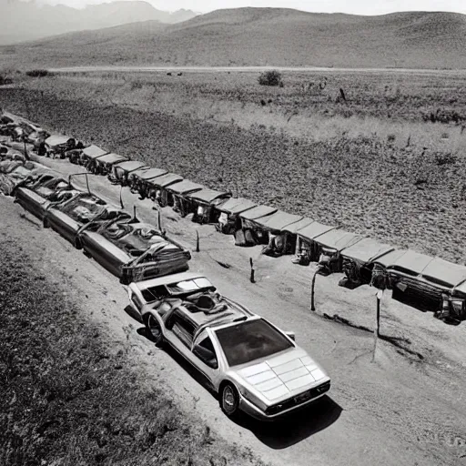 Prompt: a birds - eye view sepia photograph of a delorean in a line with covered wagons and cattle