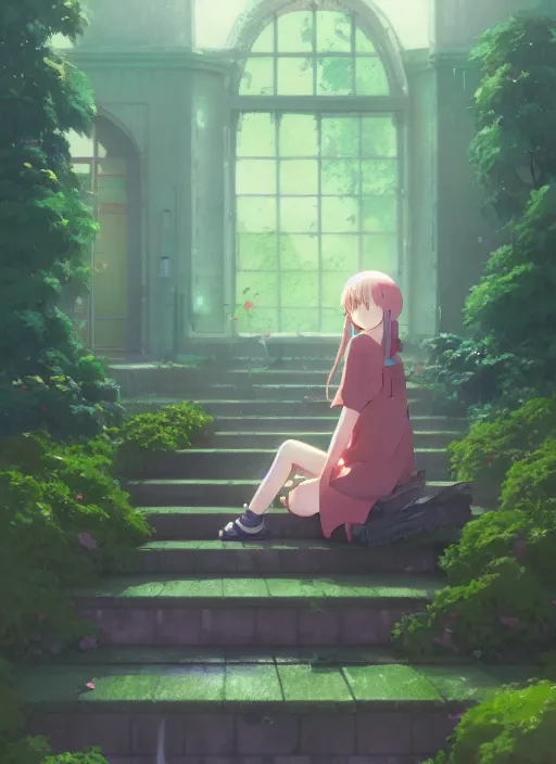 Prompt: in a rainy girl sitting on a stair where there is an arched self above, many green plant and flower gowing on it, illustration concept art anime key visual trending pixiv fanbox by wlop and greg rutkowski and makoto shinkai and studio ghibli