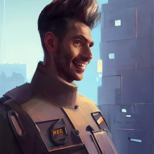 Prompt: portrait of aman by greg rutkowski, he is about 3 0 years old, copper quiff hair, uncanny smile, very tall and slender, he is wearing a futuristic police gear, highly detailed portrait, digital painting, artstation, concept art, smooth, sharp foccus ilustration, artstation hq