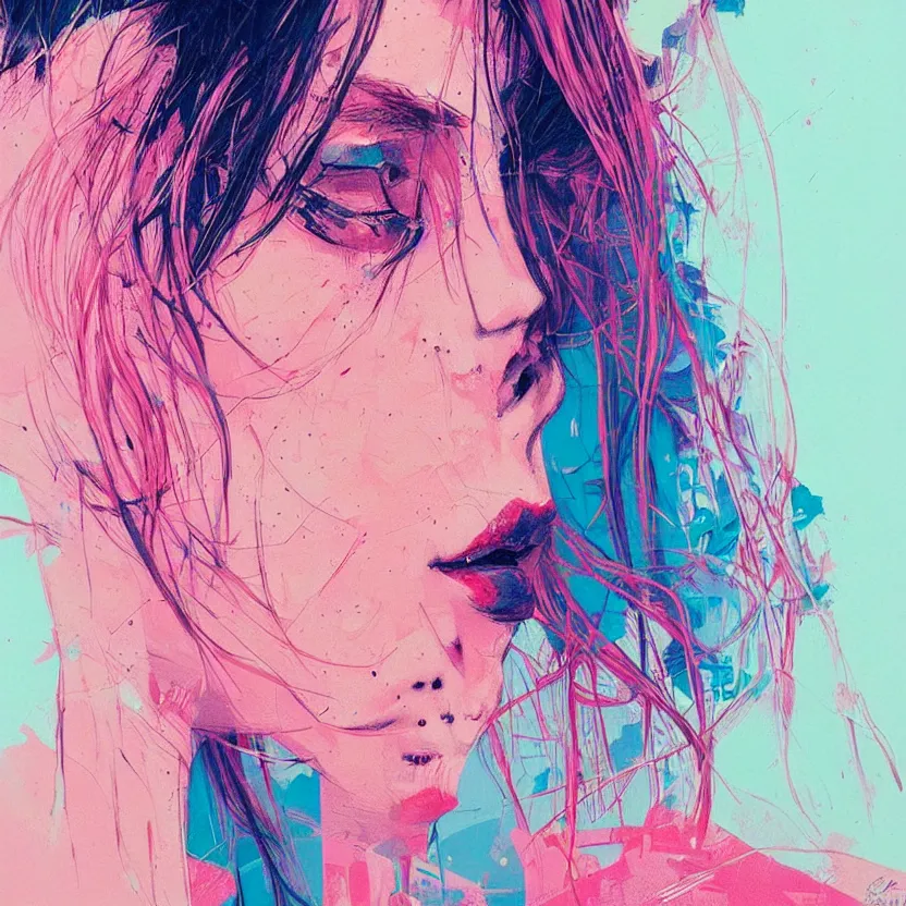 Image similar to close up portrait painting of a female dressed in nineties street styling, concept art, intricate details, highly detailed, aesthetically pleasing pastel colors, art by conrad roset