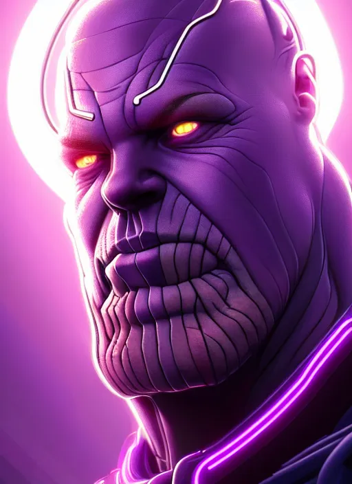 Image similar to portrait of thanos cyber humanoid, intricate, elegant, cyber neon lights, highly detailed, digital painting, artstation, glamor pose, concept art, smooth, sharp focus, illustration, art by artgerm and greg rutkowski