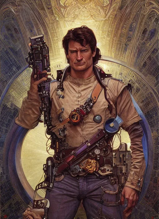 Image similar to Nathon Fillion as a ruggedly handsome space cowboy, intricate, elegant, highly detailed, centered, digital painting, artstation, concept art, smooth, sharp focus, illustration, art by artgerm and donato giancola and alphonse mucha