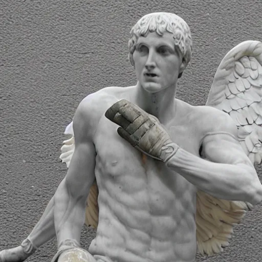 Image similar to detailed marble statue of a soccer goal keeper with angel wings, miguel angelo