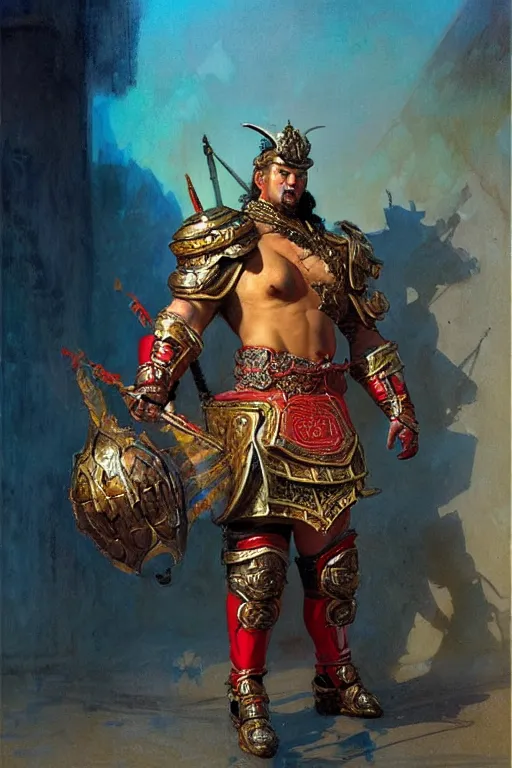 Image similar to attractive beefy male with armor, ming dynasty, character design, colorful, neon lights, painting by gaston bussiere, craig mullins, j. c. leyendecker, tom of finland