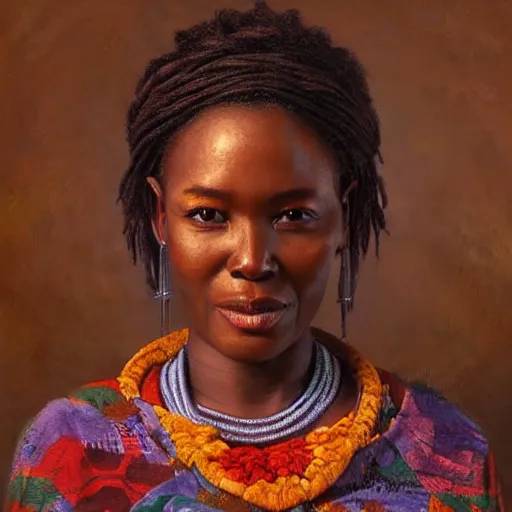 Image similar to portrait of a zimbabwean woman ( 3 5 ) from zimbabwe in 2 0 2 1, an oil painting by ross tran and thomas kincade