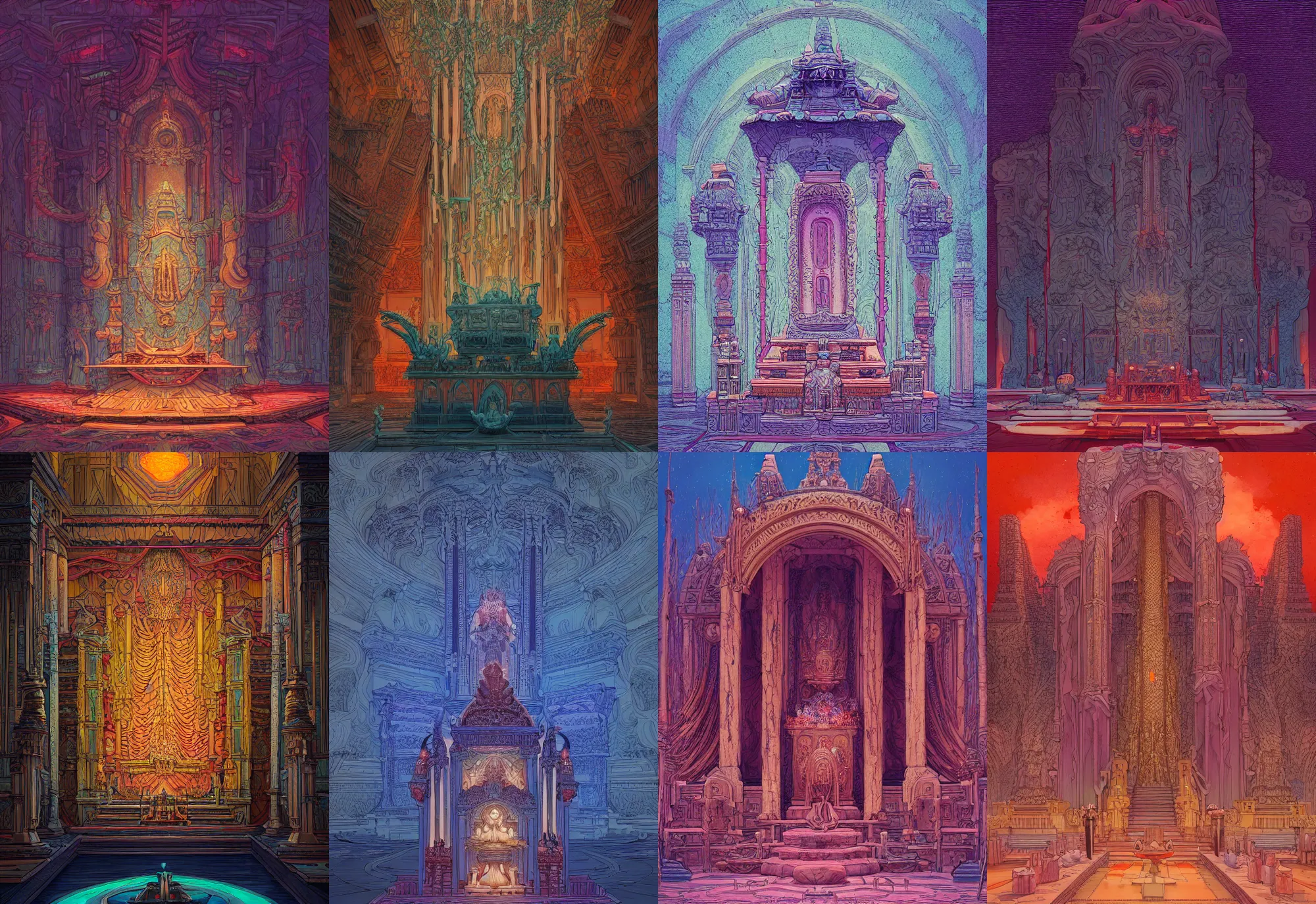 Prompt: an altar of a temple, art by james jean and wayne barlowe and moebius, high details, contrasted colors, cinematic, cgsociety 8 k