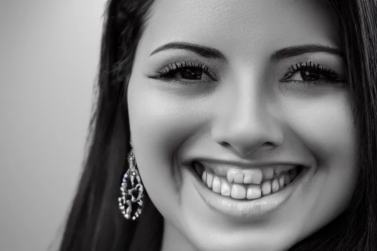 Image similar to still photo of a beautiful mexican woman smiling at the camera on the street, black and white color aesthetic, highly detailed, photorealistic portrait, bright studio setting, studio lighting, crisp quality and light reflections, unreal engine 5 quality render