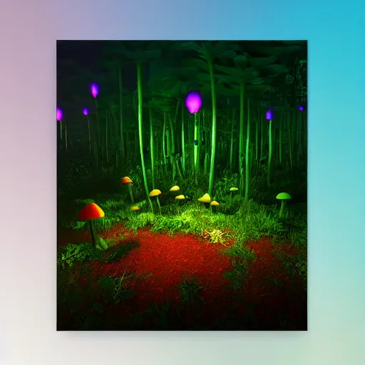 Image similar to A realistic strange neon lanscape, realistic, 4k resolution, detailled, realistic shaders, neon mushrooms, mushrooms particles, painting, forests, strange neon plants, realistic, detailled.