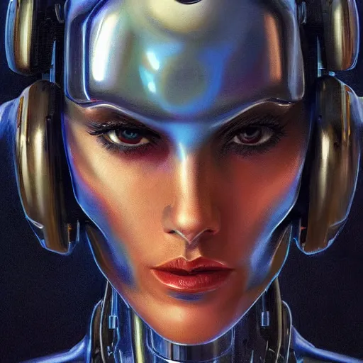 Image similar to a magical robot head, artificial intelligence, highly detailed, digital painting, mechanical details, cyber punk, smooth, sharp, beautiful face, expressive eyes, art by greg rutkowski and alex gray and boris vallejo