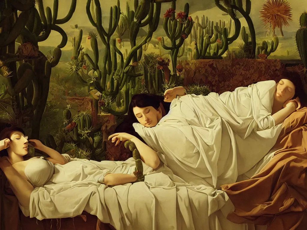 Image similar to Portrait of young woman sitting on the bed, with eyes closed, with strange surreal cacti and two large lizards. Painting by Georges de la Tour