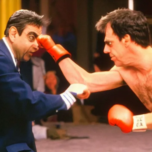 Prompt: photo of rowan atkinson fist fighting hugh laurie, street fighter style, high detail