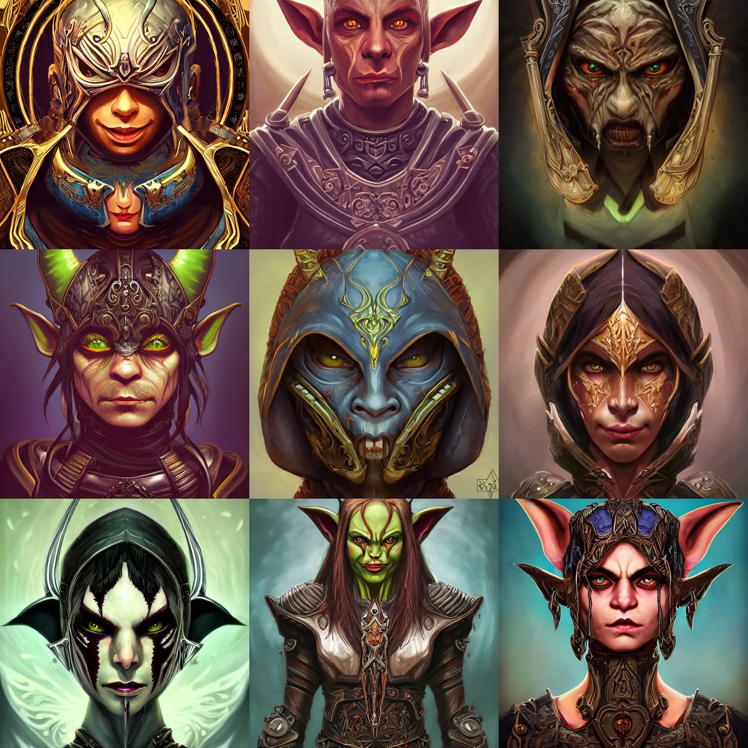 Prompt: head-on symmetrical centered painted portrait, World of Warcraft goblin assassin, black leather armour, art nouveau, tarot card style, fantasy, intricate, elegant, highly detailed, smooth, sharp focus, illustration, artstation, in the style of Artgerm and Anna Podedworna and Alex Ross and Mucha