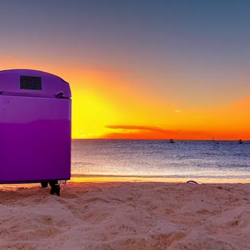 Prompt: purple refrigerator on red beach with nebula sunset