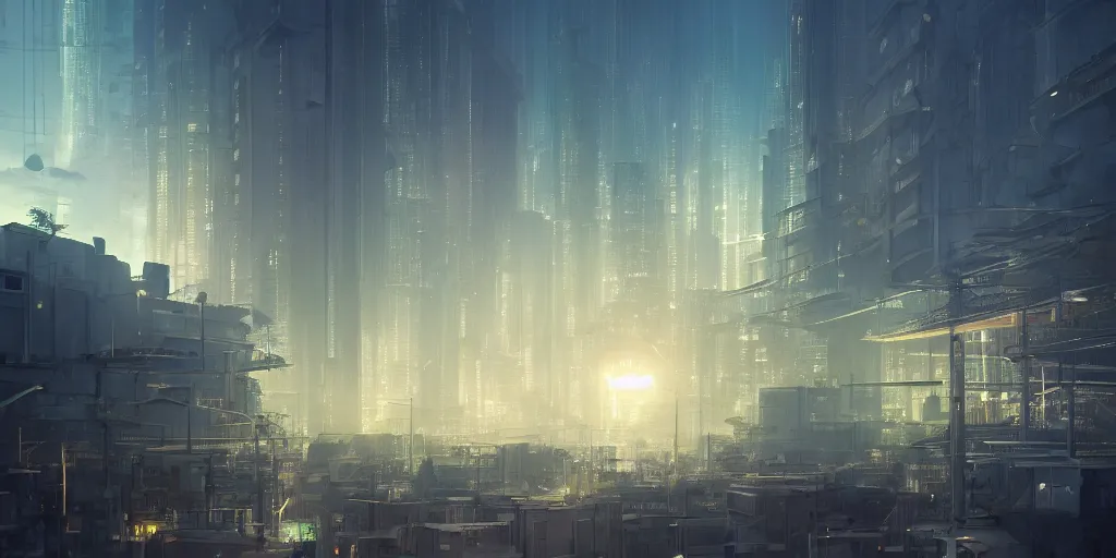 Image similar to solarpunk city, Makoto Shinkai, anime, trending on ArtStation, digital artmatte painting, concept art, illustration, oppressive lighting, trending on artstation, very detailed