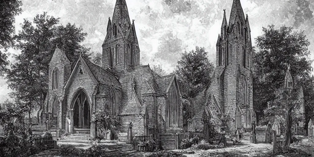 Image similar to a church in a village, d & d, fantasy, intricate, elegant, by george henry durrie