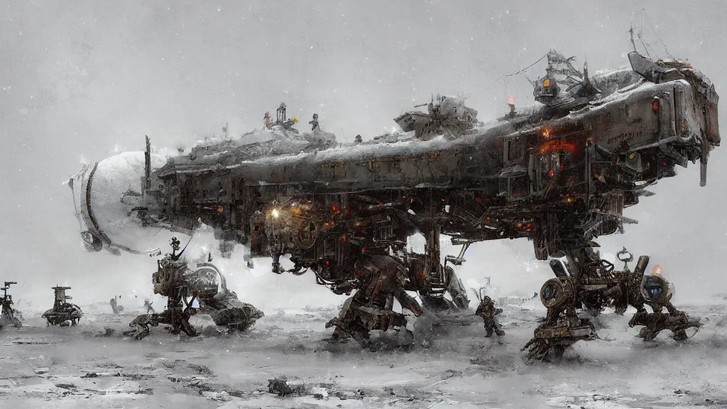 Image similar to 1920's broken down bipedal walker mech in the snowy tundra, oil drill in the distance, steampunk airship above, painted by Jakub Rozalski