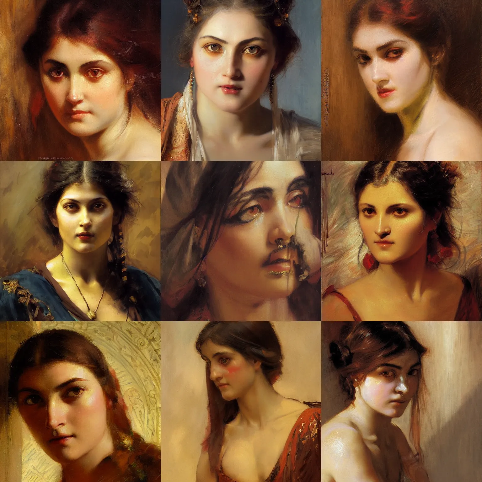 Prompt: bloodshot eyes pretty young woman orientalism face detail by theodore ralli and nasreddine dinet and anders zorn and edwin longsden long, bronze age, sword and sorcery, oil on canvas, masterful intricate artwork, excellent lighting, high detail 8 k