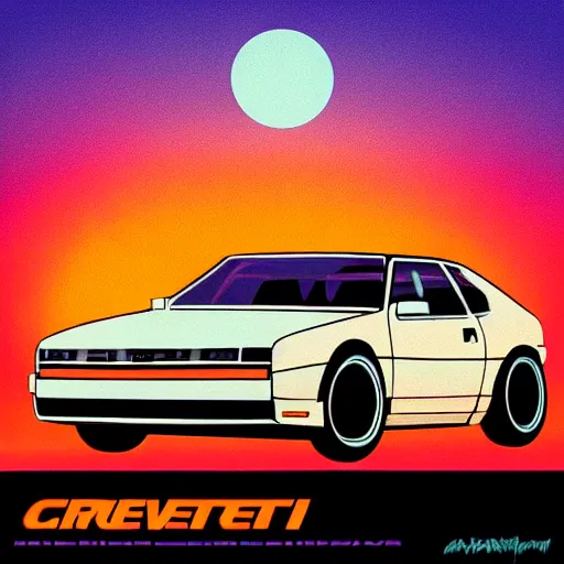 Image similar to retro box covert art of a synthwave car sitting in front of a sunset in miami, 8 0's box art, retro