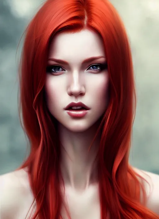 Image similar to photo of gorgeous woman with half white half red hair in the style of stefan kostic, realistic, half body shot, sharp focus, 8 k high definition, insanely detailed, intricate, elegant, art by stanley lau and artgerm, foggy backgeound