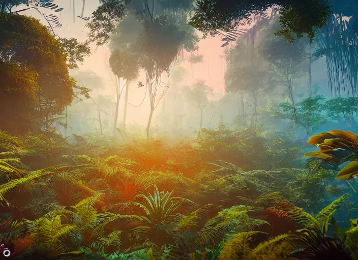 Image similar to a lush alien forest, teal sky, orange plants, birds in flight, humid alien jungle, orange and teal color scheme, atmospheric, exotic, colorful, unreal engine, trending on artstation