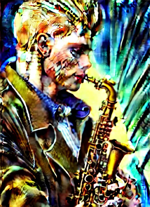 Image similar to portrait of a blond man playing sax, warhammer 40000, cyberpunk, intricate, highly detailed, digital painting, artstation, concept art, smooth, sharp focus, illustration, art by Amano and Karol_Bak and artgerm and greg rutkowski and alphonse mucha and Gustav Klimt and Kojima