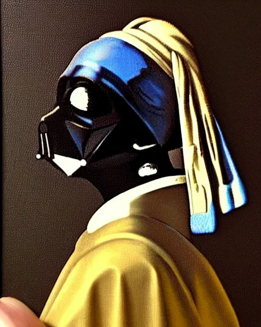 Prompt: darth vader looking over his shoulder, portrait in the style of girl with a pearl earring by johannes vermeer, high quality oil painting, highly detailed