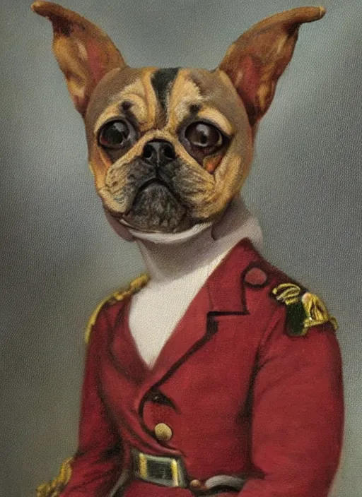 Prompt: an oil portrait of a little dog dressed as a 1 9 th century german general