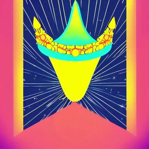 Prompt: a glowing crown sitting on a table with one beautiful eye mounted on it like a jewel, night time, vast cosmos, geometric light rays, bold black lines, flat colors, minimal psychedelic edgy 2 0 0 0 s poster illustration