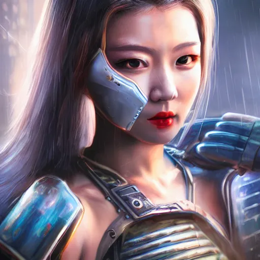 Image similar to An epic fantastic realism comic book style portrait painting of a female cyber warrior, tzuyu from twice, dieselpunk armor, long fluffy hair, porcelain pale skin, cyberpunk color raining tokyo everywhere, Concept world Art, unreal 5, DAZ, hyperrealistic, octane render, cosplay, RPG portrait, dynamic lighting