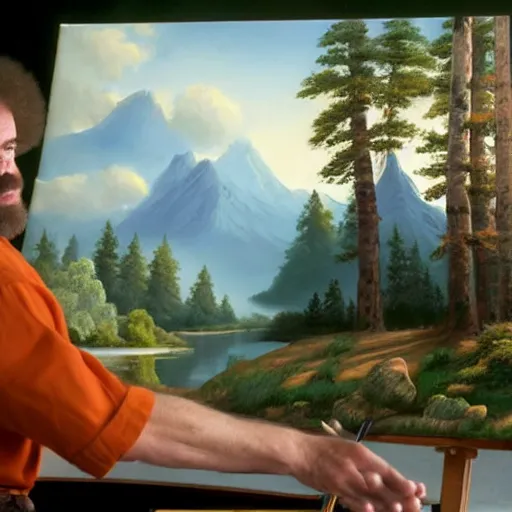 Prompt: a closeup photorealistic photograph of bob ross working on a canvas painting of fred flintstone. film still. brightly lit scene. mountains and trees. this 4 k hd image is trending on artstation, featured on behance, well - rendered, extra crisp, features intricate detail, epic composition and the style of unreal engine.