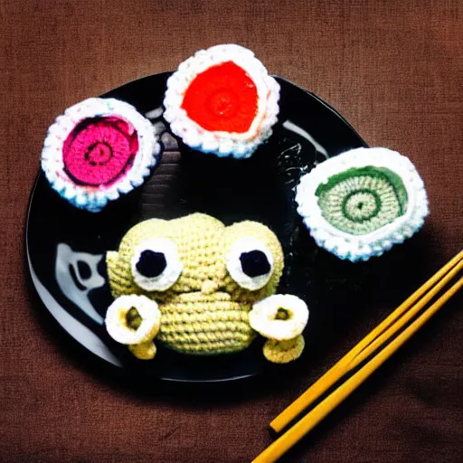 Prompt: crochet octopus eating sushi, photo realistic, indoor lighting
