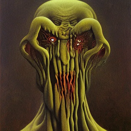 Prompt: Zdzisław Beksiński painting of a horrifying monster