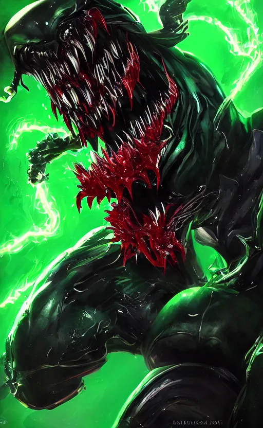 Image similar to portrait of venom as the green goblin, black and red, dynamic lighting, cinematic, ultra detailed, trending on art station, stunning visuals, creative, fantasy concept art