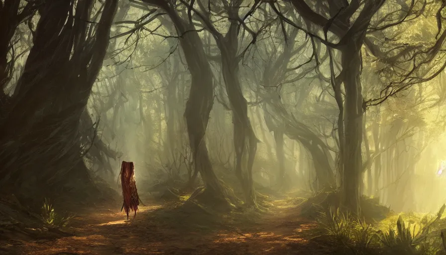 Image similar to A beautiful painting of death wearing a flowing cloak on a path in a magical forest, ray traced sun light, by greg rutkowski and Kalin Popov , Trending on artstation HD.