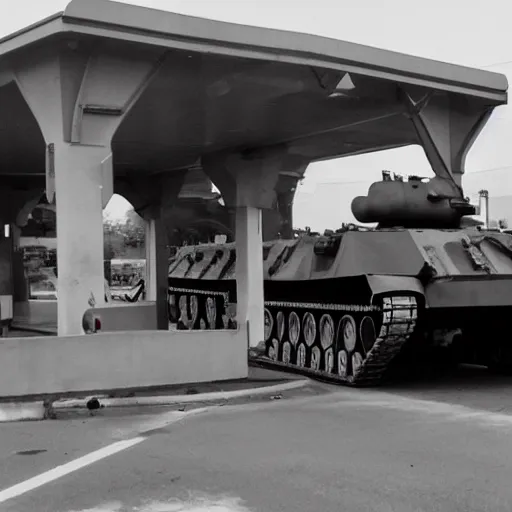 Prompt: Military tank refueling at public gas station, CCTV footage photograph