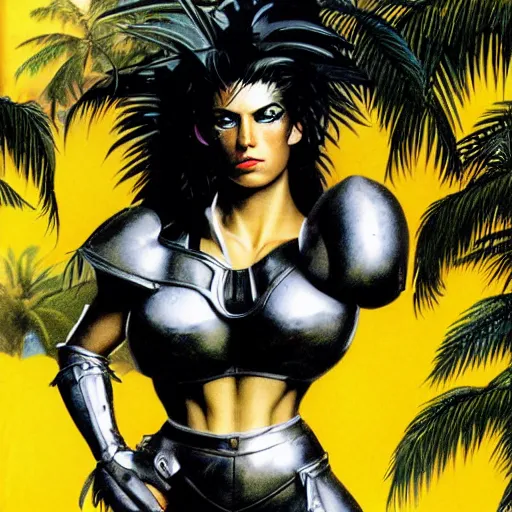 Image similar to 23-year-old muscular warrior girl wearing chrome silver armor, black spandex, electrified hair, wild spiky black hair, glam metal hair, wild black hair, yellow eyes, tropical, palm trees, chrome buildings, futuristic base, 1987, Frank Frazetta, pulp art, video game box art, hyper-detailed