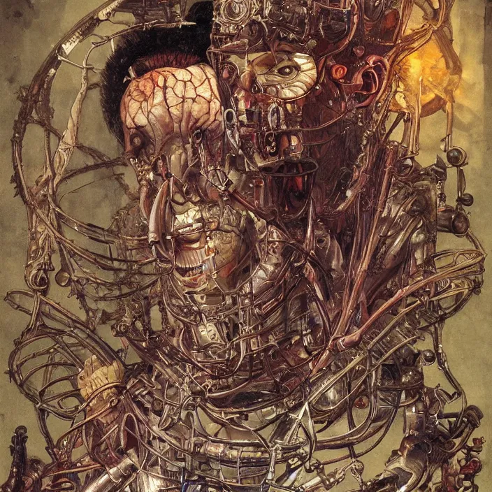 Prompt: baroque neoclassicist colorful sci - fi portrait of mad scientist's anatomy. reflective detailed textures. gloomy atmosphere, dark background. highly detailed fantasy science fiction painting by, moebius, norman rockwell, frank frazetta, and syd mead. high contrast. artstation