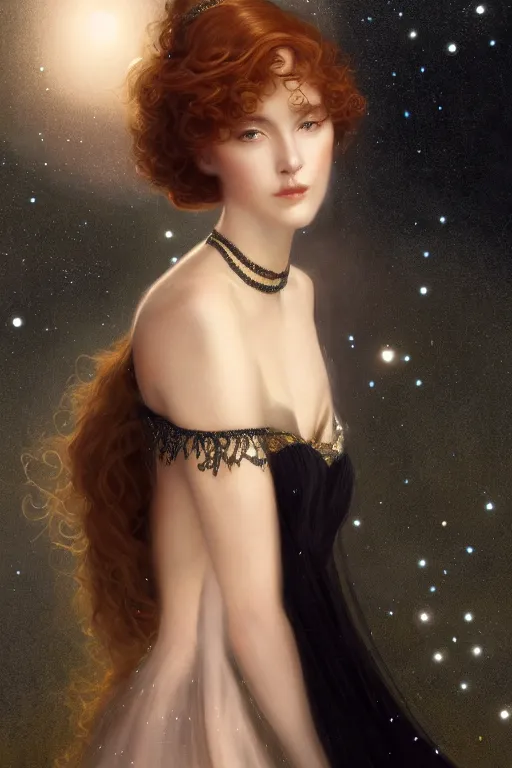 Prompt: Nocturne, glowing, stars, a long-legged elegant sultry woman, long auburn hair, pearl choker, tiara, highly detailed, mysterious, ethereal, dressed in black velvet, haute couture, illustration, dramatic lighting, soft details, painting, by Edmund Blair Leighton, Brom, Charlie Bowater, trending on artstation, faces by otto schmidt