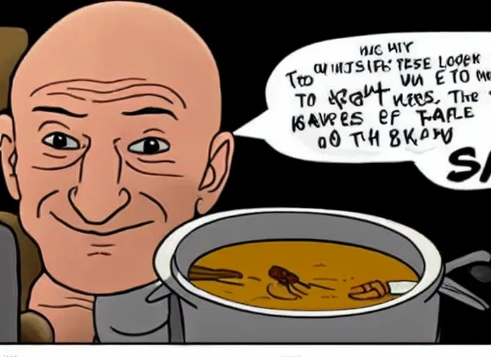 Image similar to a cartoon of patrick stewart sitting inside a big pot of stew