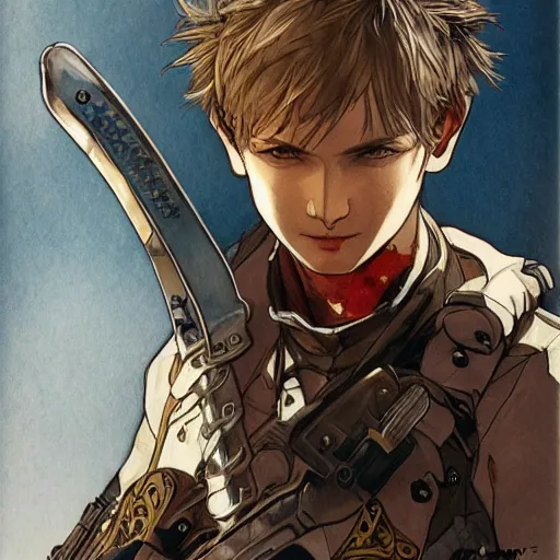 Image similar to portrait of a young white hero using his right arm to hold his sword covering his eye illustrated by yoji shinkawa, high quality, extra details, realism, ornate, colored, golden chain, blood, white skin, short hair, brown eyes, vivid, sunlight, red headband, black eyepatch, white american soldier, painting, cybernetics, military