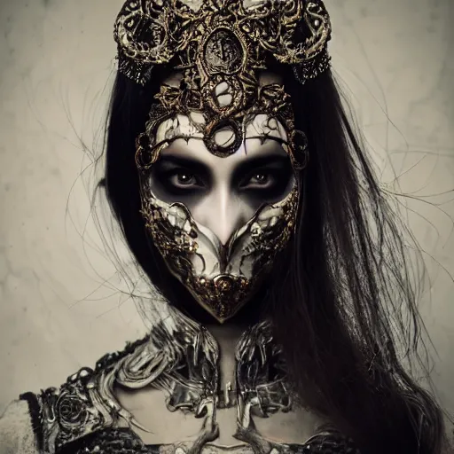 Prompt: a portrait of female model by stefan geselle and nekro borja, half face mask, photorealistic, intricate details, hyper realistic, dark fantasy, ornate headpiece, dark beauty, photorealistic, canon r 3, photography, wide shot, photography, dark beauty, symmetrical features, wide angle shot