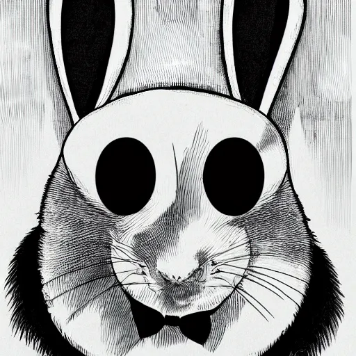 Image similar to A extremely highly detailed majestic hi-res beautiful, highly detailed head and shoulders portrait of a scary terrifying, horrifying, creepy black cartoon rabbit with a bowtie and scary big eyes, earing a shirt laughing, hey buddy, let's be friends, in the style of Walt Disney